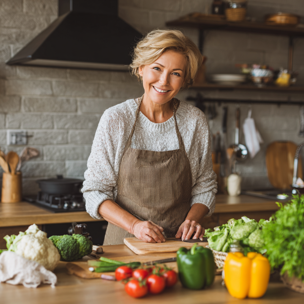 Usmiata dospelá žena slovenského pôvodu v kuchyni pripravuje zdravé jedlo s čerstvými zelenými ingredienciami