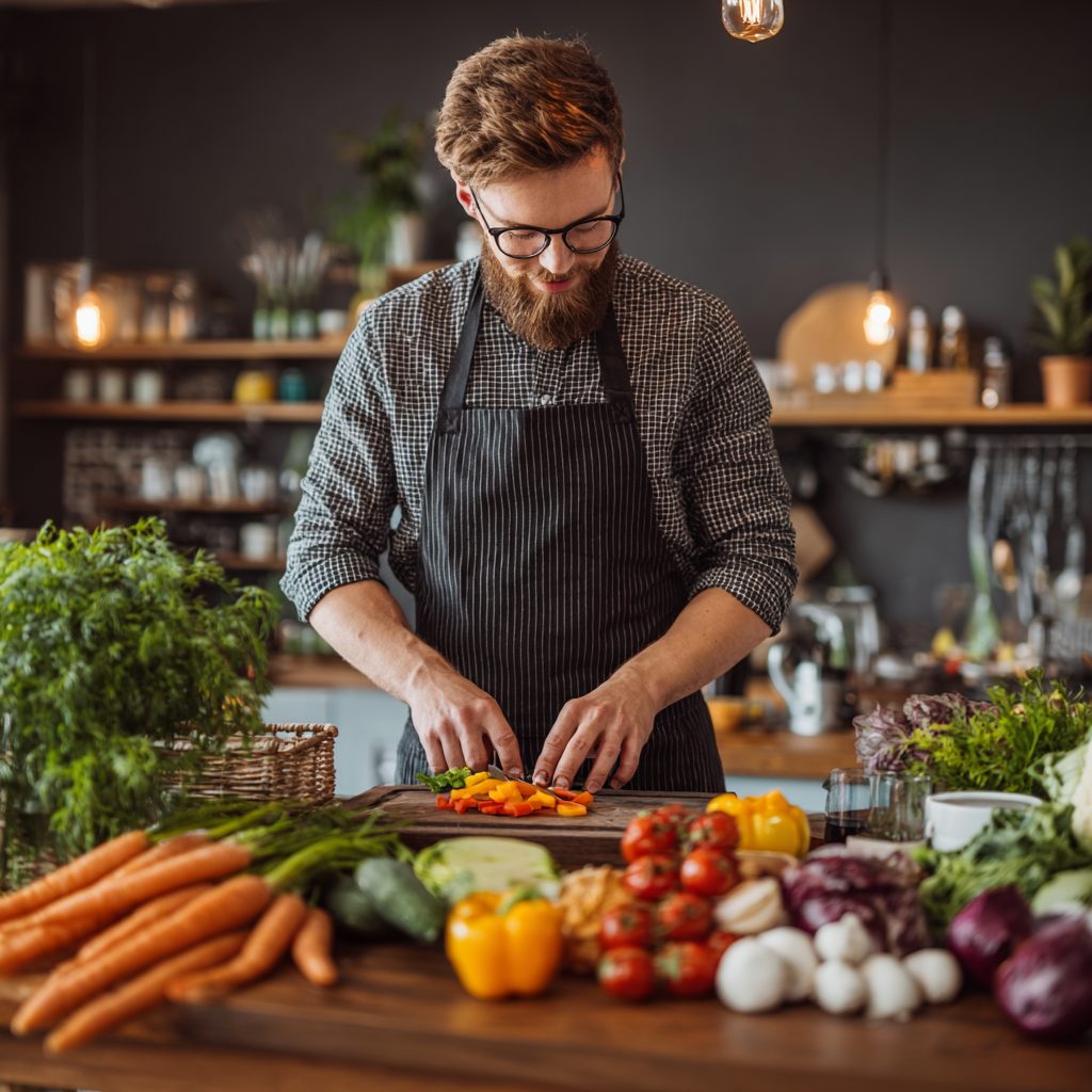Šťastná dospelá žena slovenského pôvodu stredného veku pri príprave čerstvých šalátov s farebnými zelenými